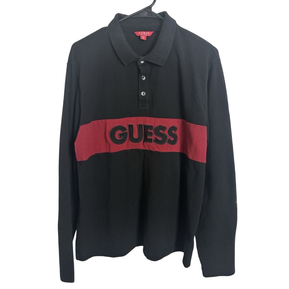 Guess Black Red Striped Rugby Polo Long Sleeve Shirt Size XL Preppy Y2K